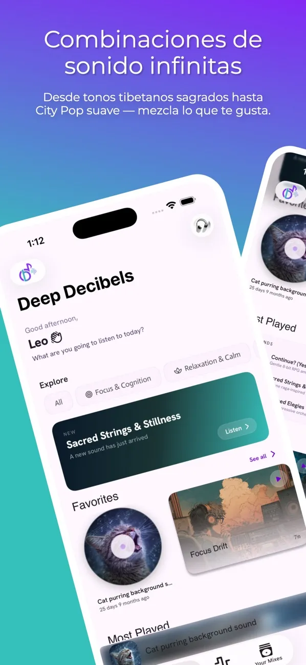 Capturas de Deep Decibels: la pantalla de inicio, tus mezclas y el editor de ondas cerebrales